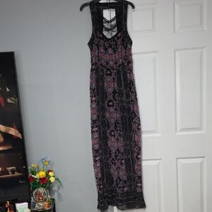 Free People Black Maxi Dress with Pink Pattern and Lace Back Detail